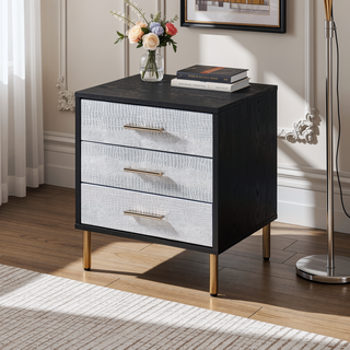 Sunvega Modern Nightstand with Patterned Drawer Fronts and Three Spacious Storage Drawers