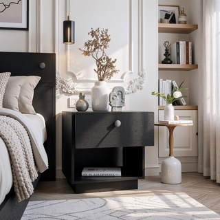 Sunvega Black Single Drawer Nightstand with Open Storage Shelf and Large Top Surface