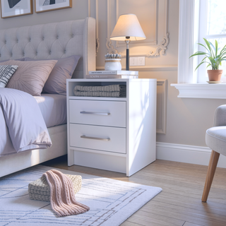 Sunvega White Rectangle Nightstand with Two Drawers and Shelf for Bedroom