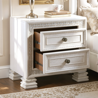 Sunvega Classic Luxury Pearl White Finish Nightstand with 2 Dovetail Drawers Dart Molding