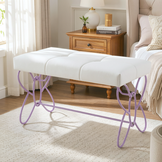Sunvega Butterfly Design Armless Bench with Padded White Faux Leather Seat