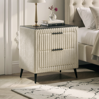 Sunvega Cream Wide Wale Corduroy Upholstery Nightstand with Two Spacious Drawers