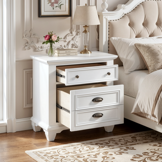 Sunvega White Finish Solid Acacia Wood Nightstand with Two Dovetail Drawers
