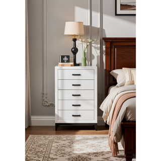 Sunvega White Finish Chest with Black Hardware and Five Drawers