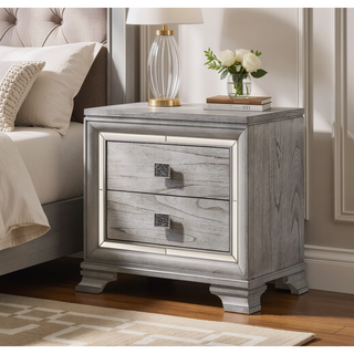 Sunvega Contemporary Glam Light Gray Brown Nightstand with Mirrored Accents and 2 Drawers