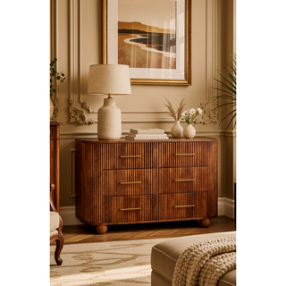 Sunvega Solid Mango Wood Ridgefront Chest with Six Fluted Drawers in Roasted Almond