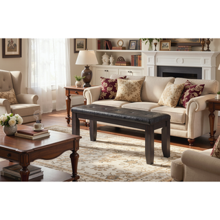 Sunvega Tufted Black PU Upholstered Wood Bench with Espresso Finish