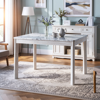 Sunvega Faux Marble Dining Table with Glossy Finish and Creamy White Oak Legs