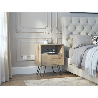 Sunvega Light Oak Nightstand with Hairpin Legs and Drawer Shelf Storage