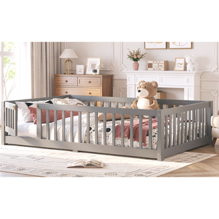 Sunvega Twin Size Floor Bed with Safety Guardrails and Door for Kids in Natural