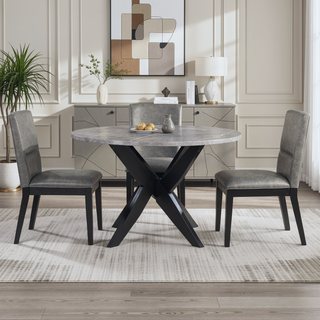 Sunvega Round Faux-Marble Dining Table with Solid Wood Legs and Adjustable Levelers