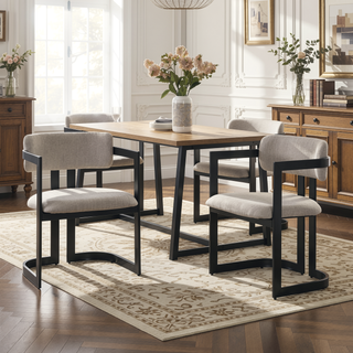 Sunvega Modern Upholstered Dining Chairs with Soft Beige Fabric Seat and Black Metal Frame