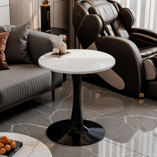 Sunvega Round White Pedestal Side Table with Marble Effect Top for Living Room
