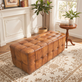 Sunvega Genuine Tan Leather Bench with Teak Frame for Living Room Bedroom