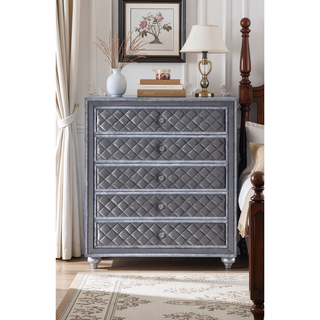 Sunvega Glam Velvet Tufted 5-Drawer Chest with Faux Crystal Knobs