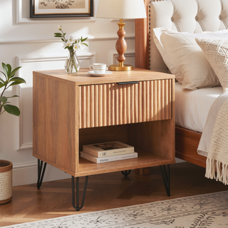 Sunvega Modern Glam Nightstand with Gold Metal Legs and Textured Drawer