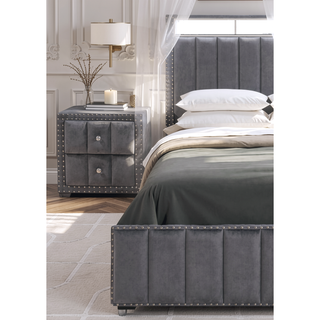 Sunvega Beige Contemporary Nightstand with Crystal Knobs and Vertical Tufting