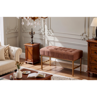 Sunvega Teddy Fabric Upholstered Storage Bench with Shelf for Bedroom Living Room