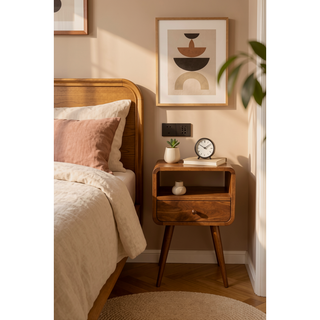 Sunvega Chestnut Brown Solid Wood Mini Curve Bedside with Drawer and Open Slot
