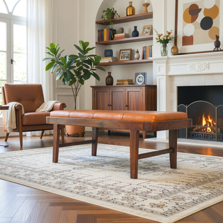 Sunvega Maddox Mid-Century Modern Upholstered Bench with Tan Leather and Teak Wood Legs