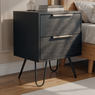 Sunvega Modern Black Wengue Finish Nightstand with Two Drawers and Hairpin Legs