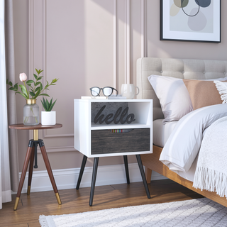 Sunvega Smokey Oak and White Finish Nightstand with Open Shelf and Drawer