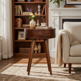 Sunvega Nordic Chestnut Circular Nightstand with 1-Drawer and Clean Lines