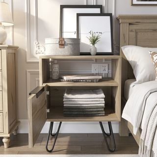 Sunvega Vienna Nightstand with Single Door Cabinet and Two Shelves on Hairpin Legs
