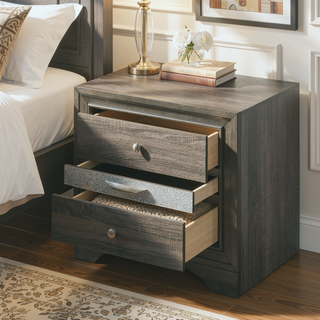 Sunvega Black Finish Wooden Nightstand with 3 Drawers and Curved Legs
