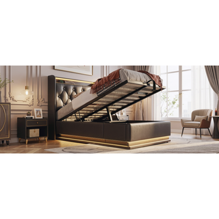 Sunvega Full Size Upholstered Bed with 360 LED Lighting Hydraulic Storage and USB Charging