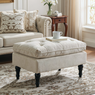 Sunvega Tufted Fabric Ottoman Footstool with Plush Pillow Top and Turned Legs
