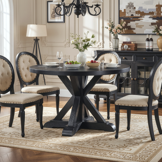 Sunvega Distressed Black Round Dining Table with Hand-Stained Oak Veneer Finish