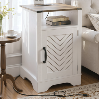 Sunvega White Oak Farmhouse Nightstand with Charging Station and Ample Storage