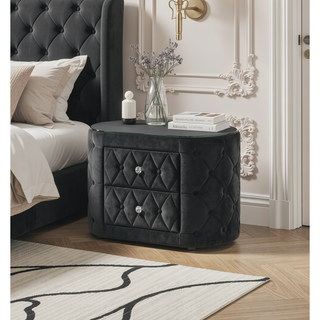 Sunvega Modern Oval Nightstand with Plush Tufted Upholstery and 8mm Tempered Glass Top