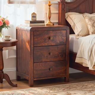 Sunvega Solid Wood California Walnut Naya Bedside with 3 Spacious Drawers and Brass Knobs