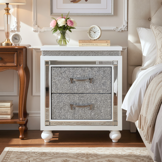 Sunvega White Crushed Crystal Drawer Nightstand with Mirrored Accent