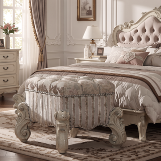 Sunvega Ivory and Bone White Vanity Stool with Nailhead Trim and Button Tufted Backrest