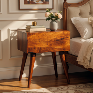 Sunvega Light Brown Chestnut Mango Wood Nightstand with Nordic Legs and Drawer