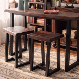 Sunvega Rustic Live Edge Stool Set of 2 in Cherry and Ebony Finish