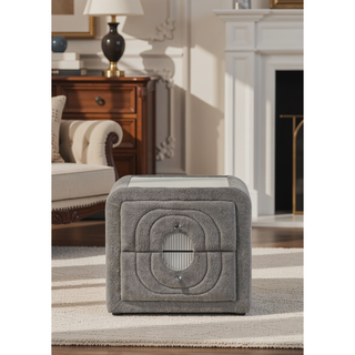 Sunvega White Teddy Sherpa Nightstand With Chrome Crystal Knob And Glass Top