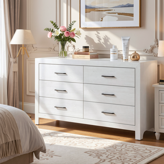 Sunvega 59 Inch Wide Dresser with Six Dovetail Drawers and Black Nickel Handles