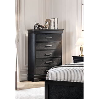Sunvega Modern Black Crocodile Texture Solid Wood Five Drawer Tall Chest