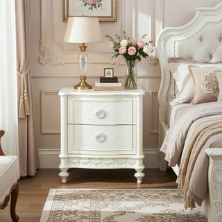 Sunvega Ivory Nightstand with Two Drawers and Floral Details for Bedroom