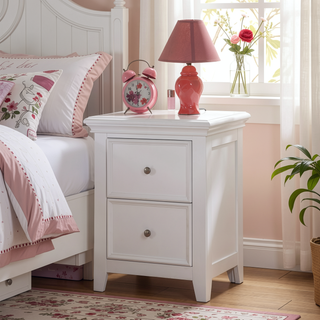 Sunvega White Transitional Nightstand with Two Drawers and Metal Knobs