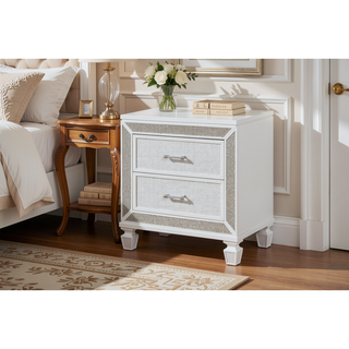 Sunvega Modern Crystal and Mirror Accent 2-Drawer Nightstand in White Finish