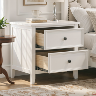 Sunvega White Finish 2 Drawer Bedroom Nightstand Farmhouse Style Bedside Table