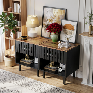 Sunvega Mid Century Modern Nightstand with Grille Striped Doors and Metal Legs