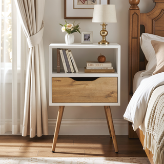 Sunvega Modern Nightstand with Drawer and Shelf for Bedroom or Living Room