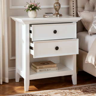Sunvega White Handcrafted Solid Wood Transitional Bedside Table with Two Spacious Drawers