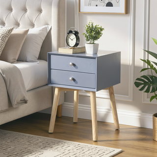 Sunvega Mid-Century Modern Bedside Table with 2 Drawers and Rubber Wood Legs